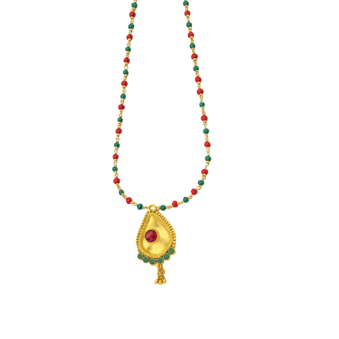 Silver Ganthan Necklace with Ruby and Green Onyx | 92.5 Silver | 22K Gold Plated
