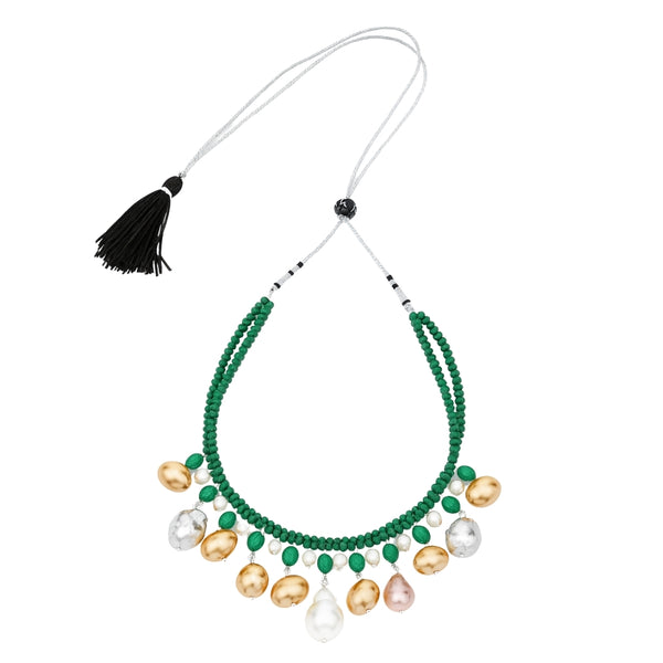 Green onyx and pearl beaded necklace with baroque pearls and silver accents