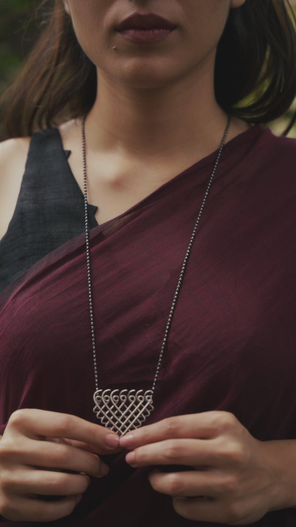 Silver Saraswati Mangalsutra with black beads and divine pendant