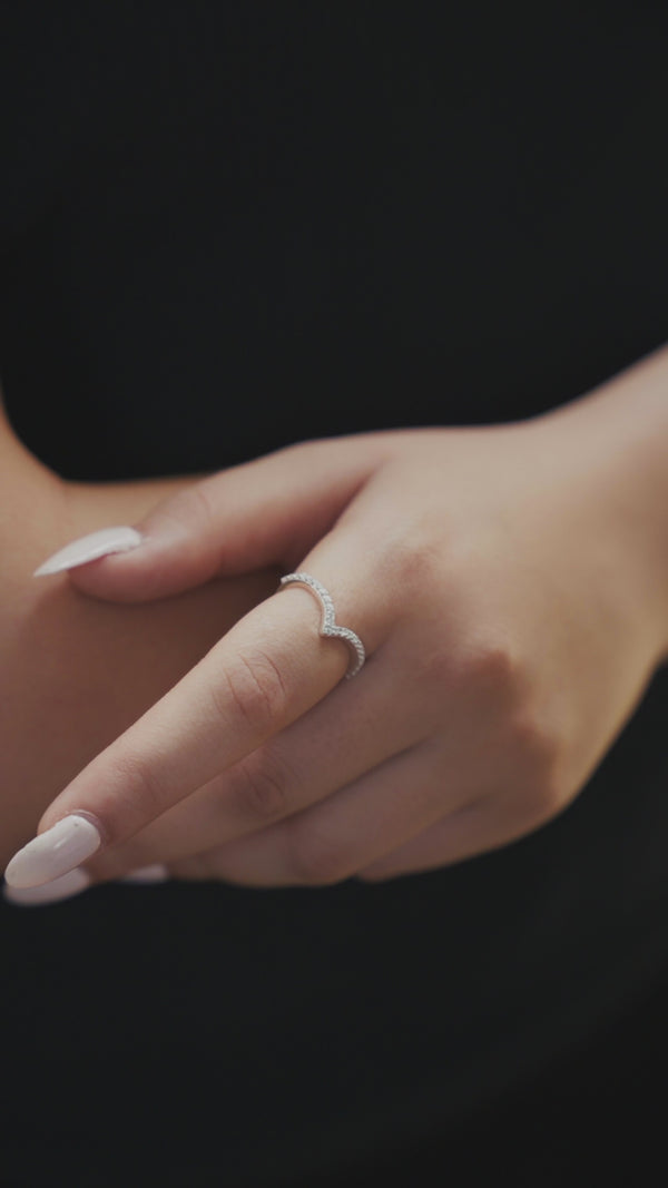 Silver CZ V Ring on finger