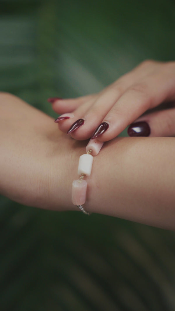 Model wearing Silver Pink Opal Ganthan Bracelet
