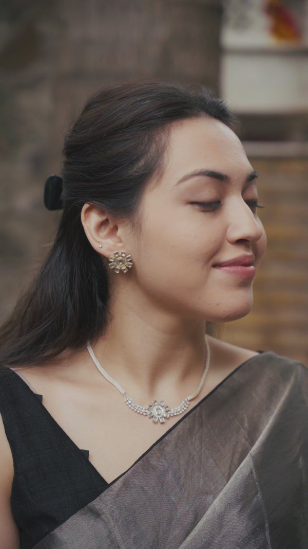 Model wearing Polki Silver Jewelry Set