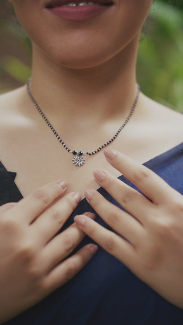 Handcrafted silver sun charm mangalsutra polished finish