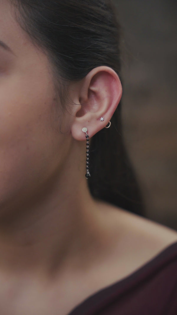 Handcrafted silver string earring with black spinel polished finish