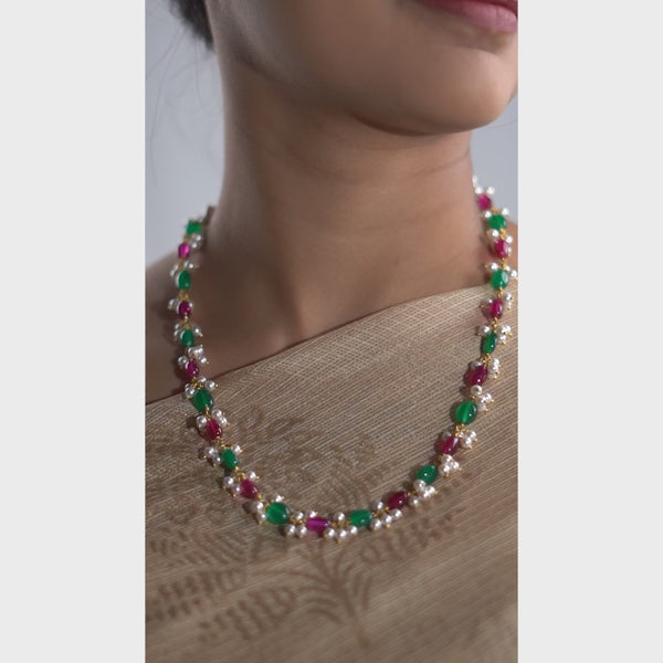 Luxe Necklace - Green Onyx, Rubies and Pearls | 92.5 Silver