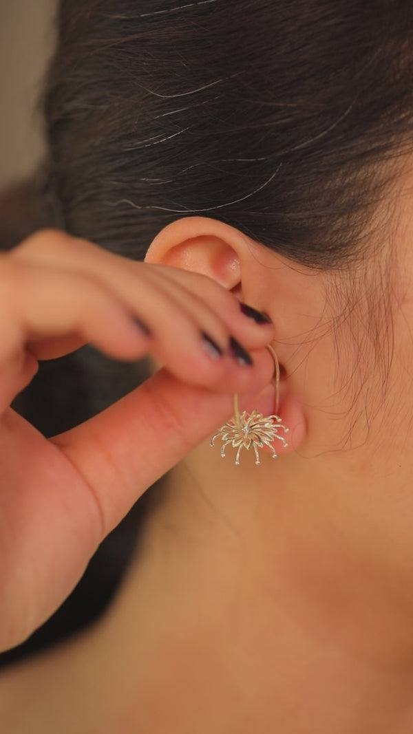 Silver Bramhakamal Flower Earrings on ear