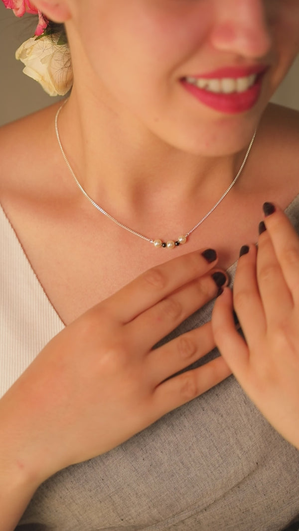 Cream Pearls & Black Spinel Chain Mangalsutra | 92.5 Silver