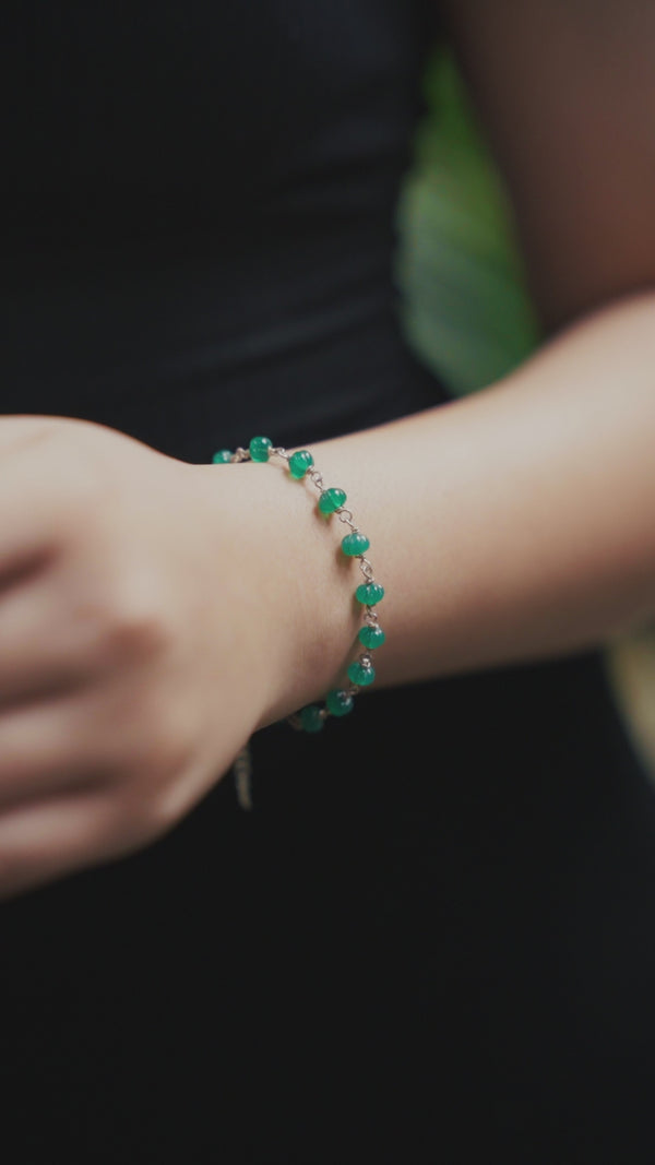 Model wearing Silver Green Onyx Ganthan Bracelet