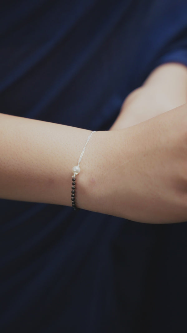 Silver Pearl Mangalsutra Bracelet on wrist
