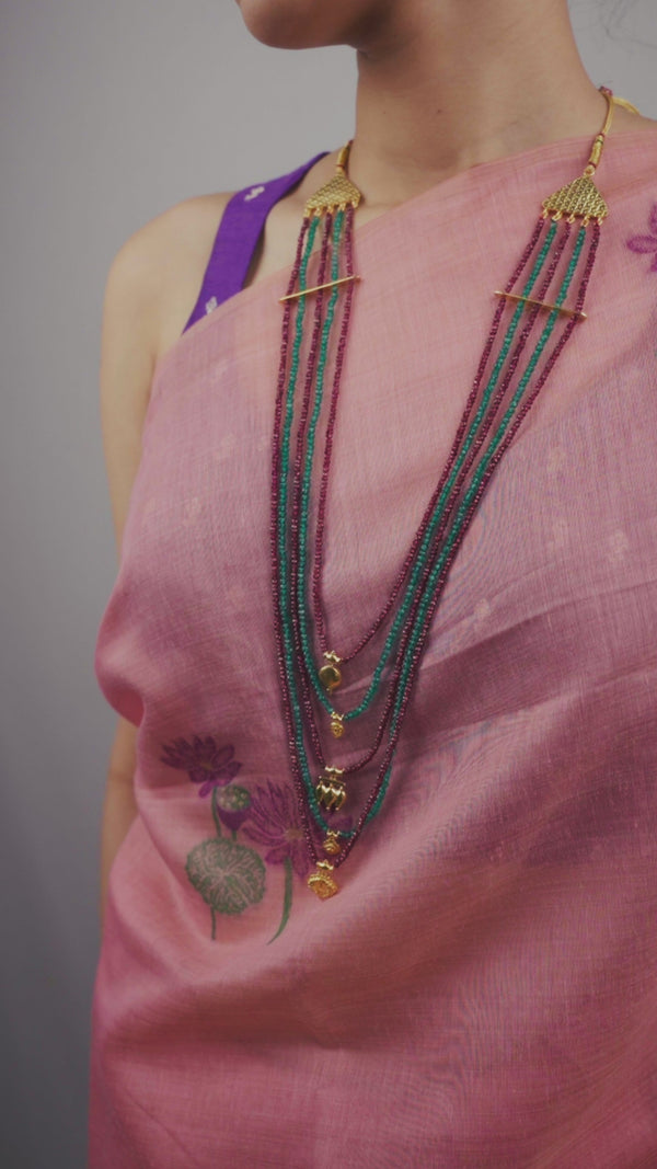 Saaj Motif Satlada Inspired Necklace with Garnets and Green Onyx Stones | 5 Layered | 92.5 Silver | 22K Gold Plated
