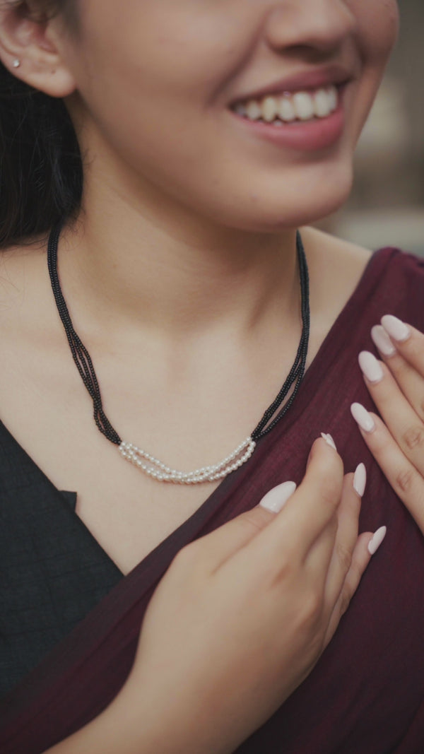 White Pearl Bunch Mangalsutra with black and silver beads