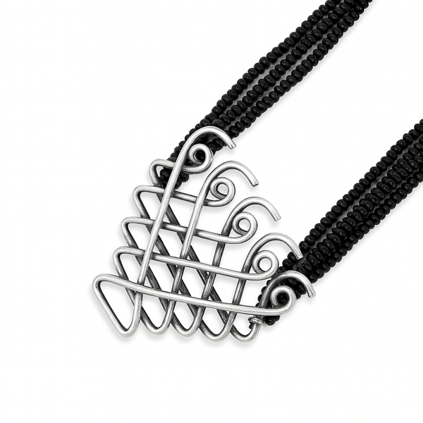 Silver Saraswati Mangalsutra with black beads and intricate pendant design