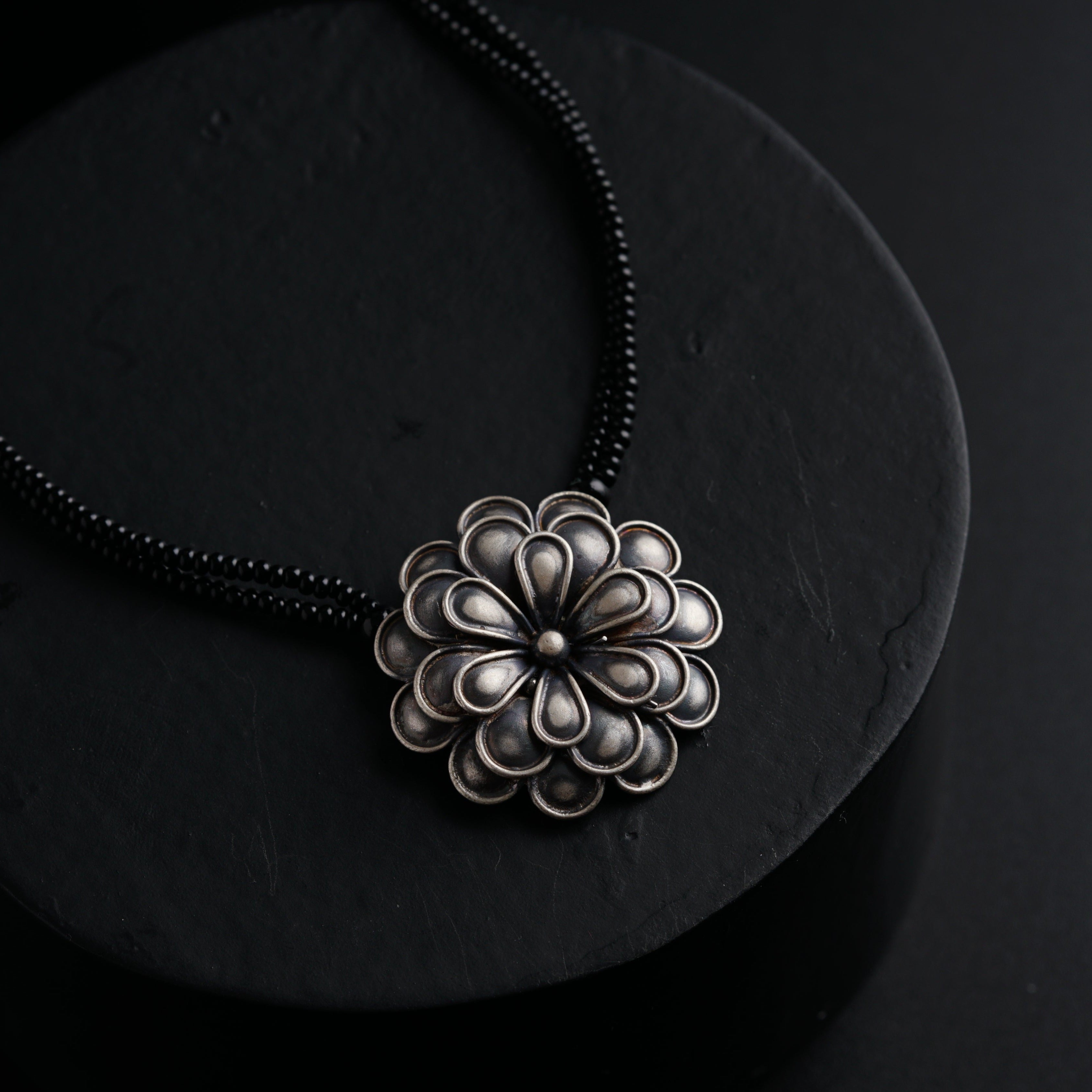 Silver Double Flower Pendant Mangalsutra Set