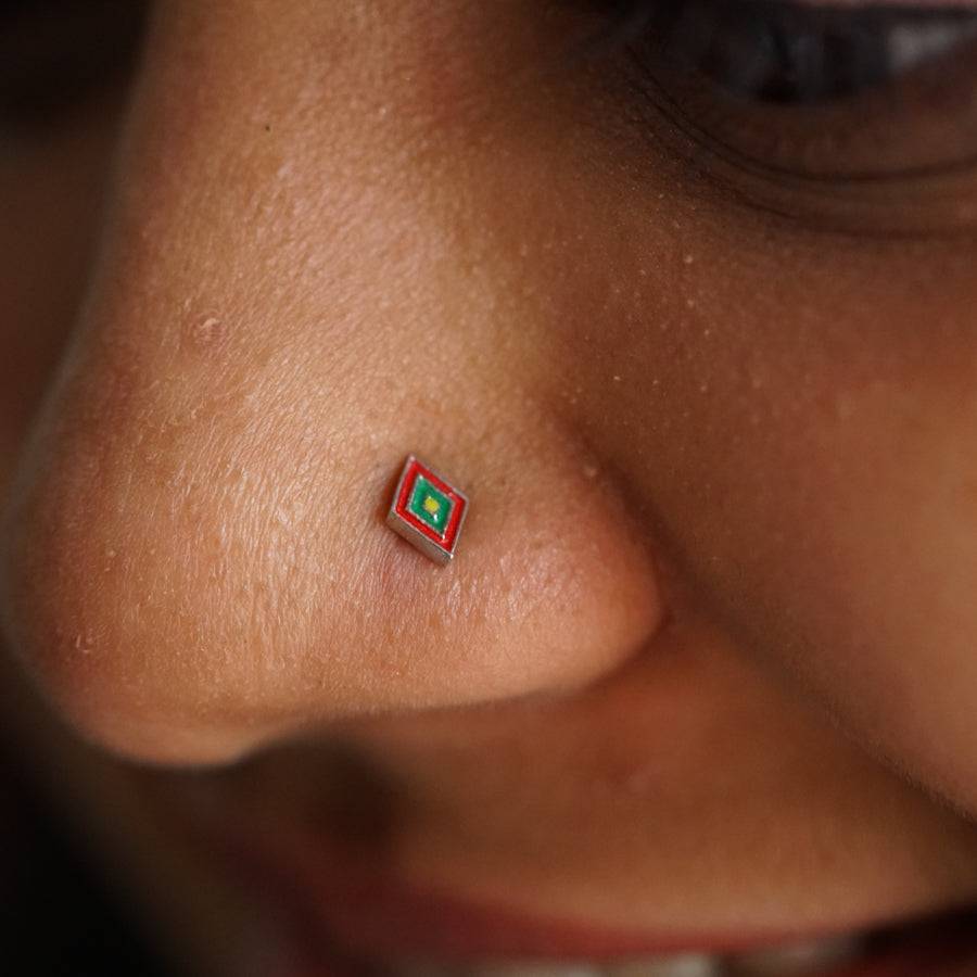Diamond Nosepin ( Pierced ) - Red , green , yellow