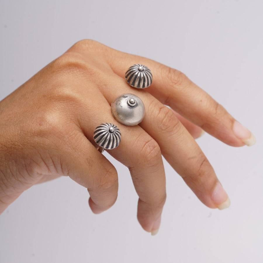Oxidized Silver Tone Adjustable Double Finger Ring Triple Monalisa Studded  - Wearmerave