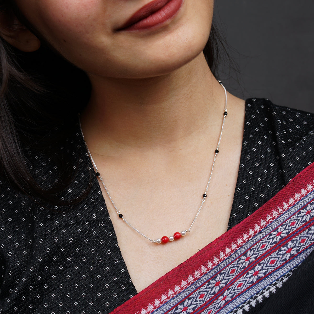 Silver Chain Mangalsutra with Coral and Pearl