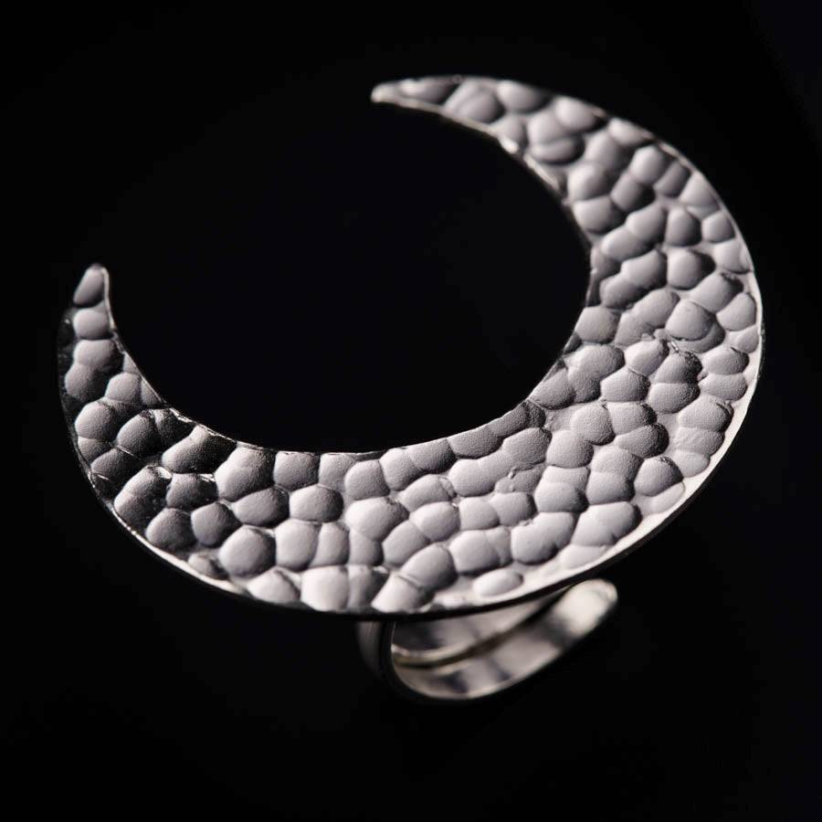 Silver Hammered Crescent Moon Shaped Ring