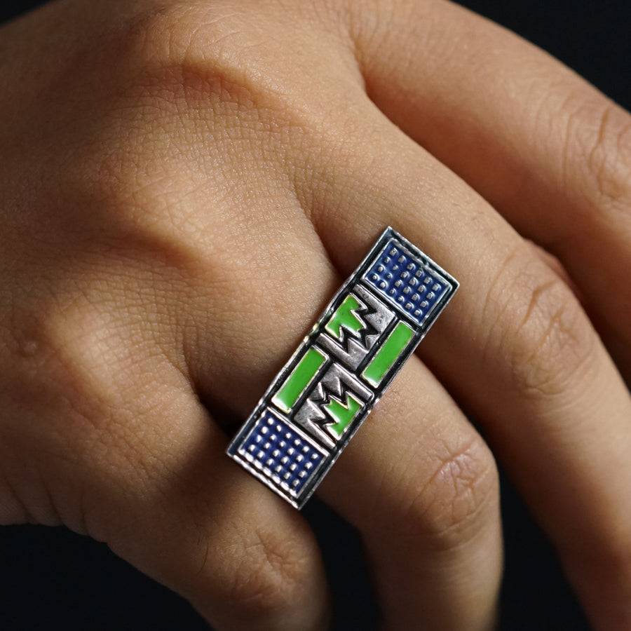 Silver enamel ring adjustable - blue green