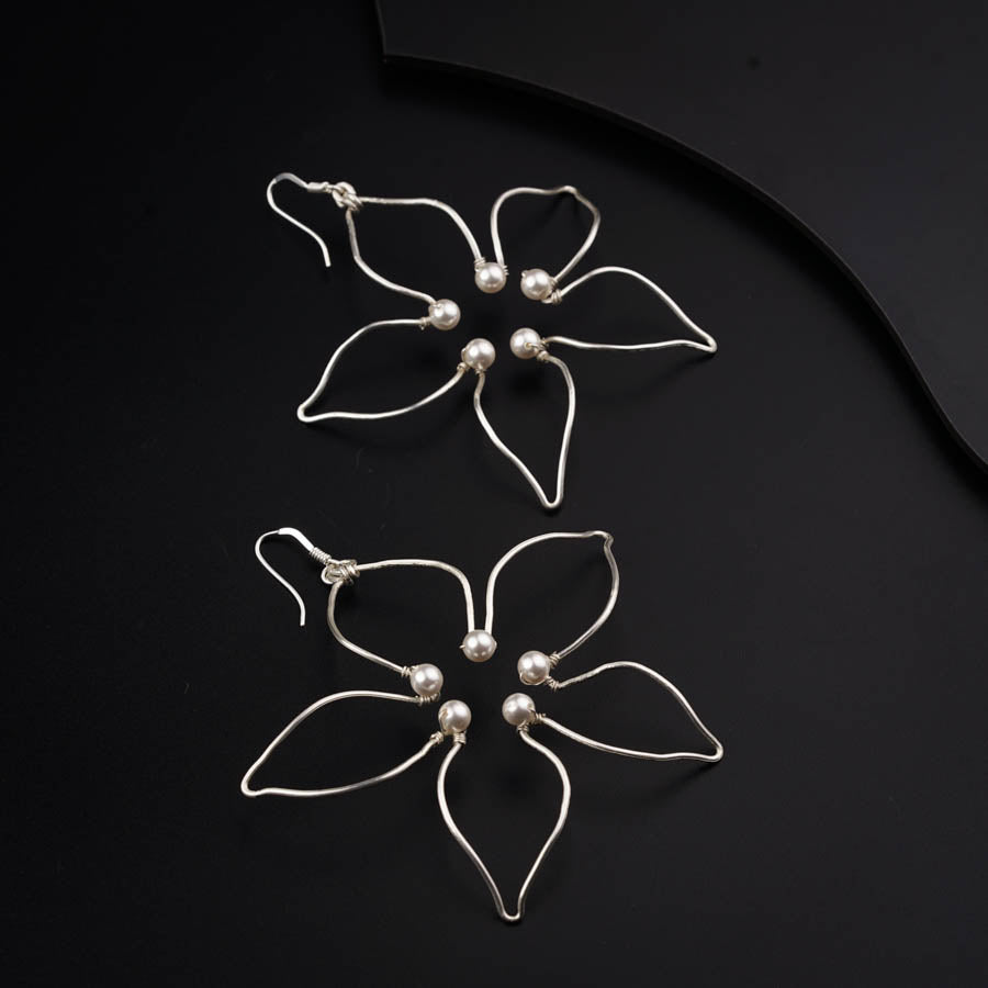 Handbent Pearl Silver Flower Earrings
