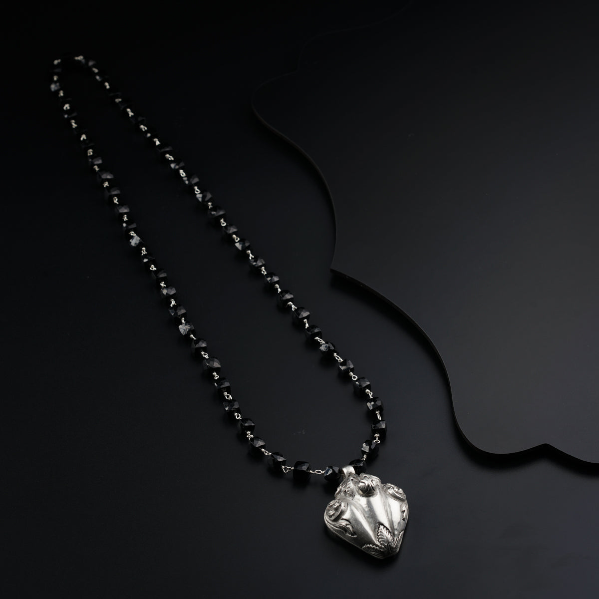 Silver Antique Tribal Pendant & Black Spinel Necklace